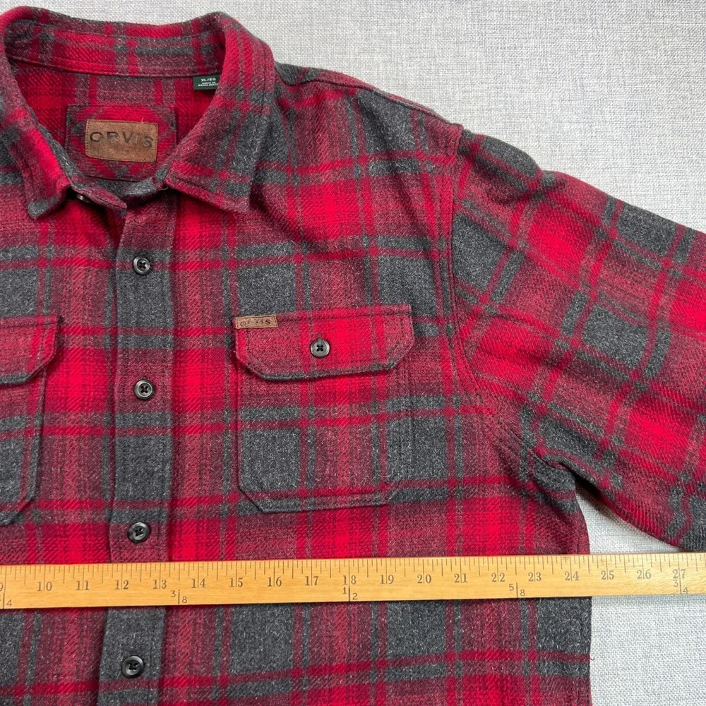 Orvis Big Bear Heavyweight Flannel Shirt Men XL Red Gray Plaid Pockets Utility - Picture 6 of 11
